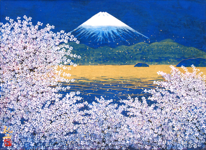 富士山下的樱花油画图片